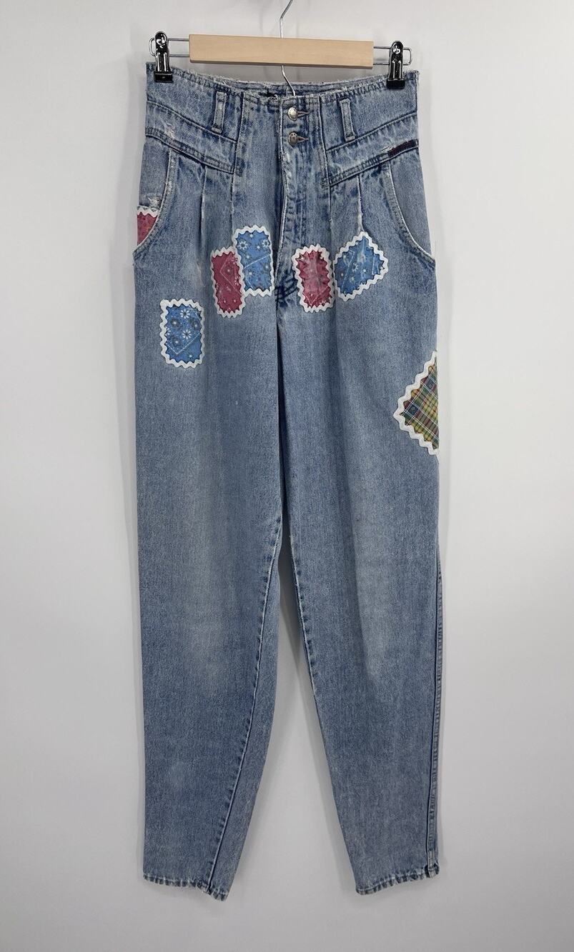VTG Britannia 80s High Waisted Acid Wash Patchwork 8 Tall Jeans 27x34